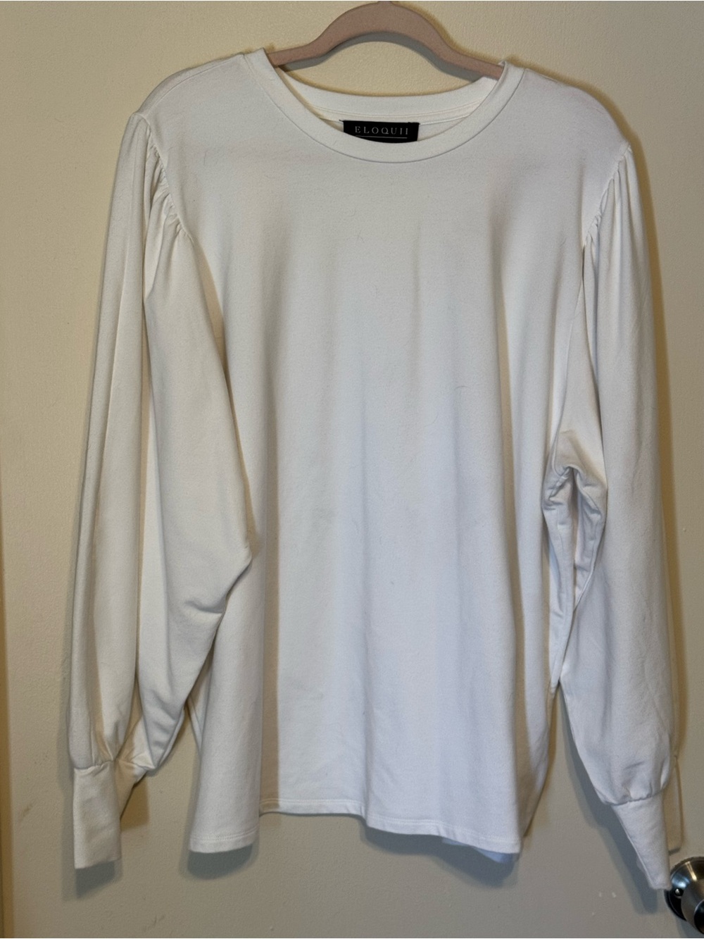 Eloquii White Crewneck Long-Sleeve Cotton Blend CrewNeck Top Puff Sleeve Chic
